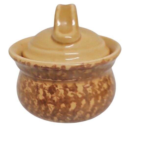 Vintage Pfaltzgraff USA Spongeware Gold Brown Creamer and Sugar Bowl w/Lid Set - Picture 12 of 14